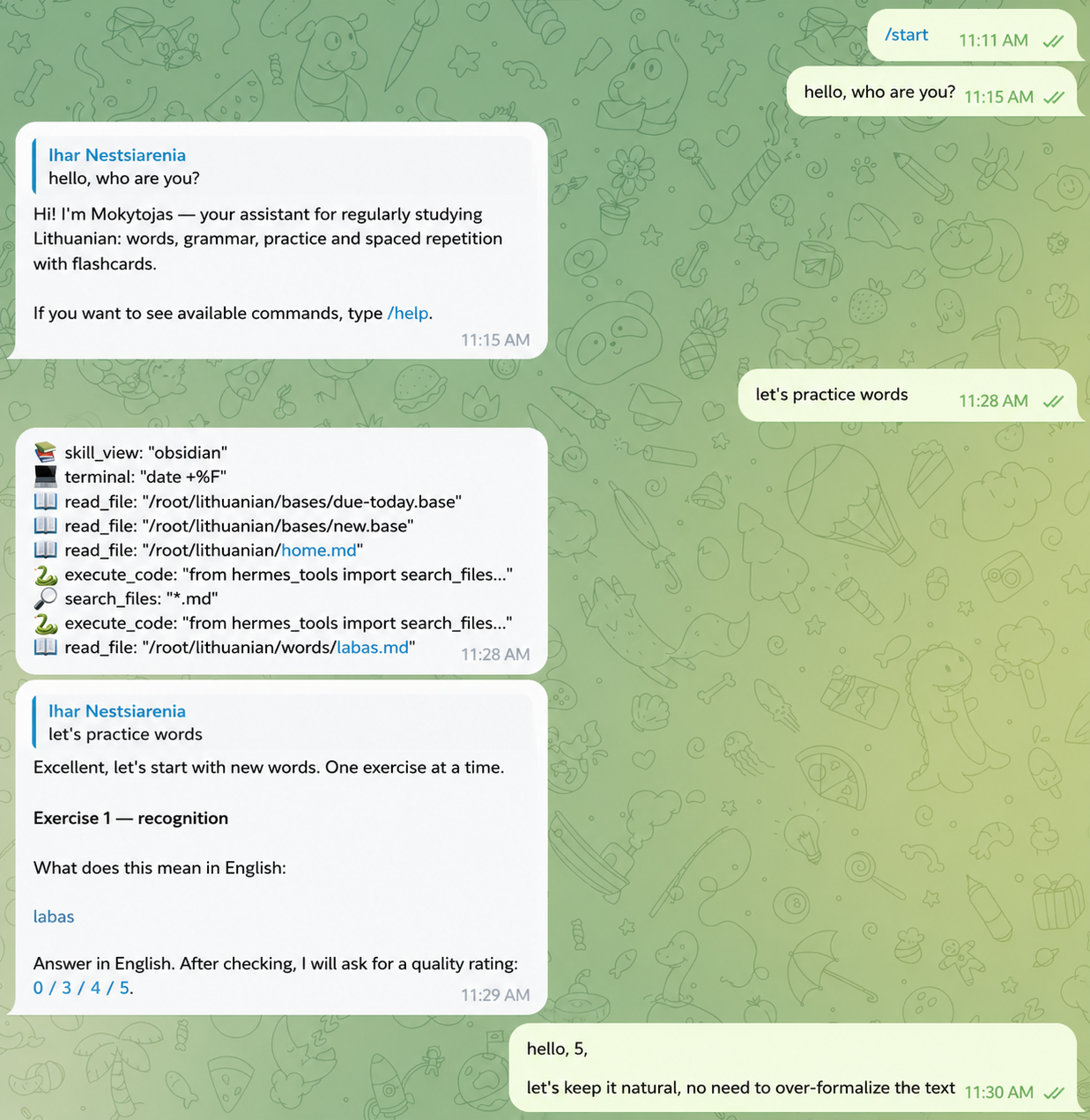 Telegram chat with the Mokytojas agent: it reads the Obsidian vault and asks the first word