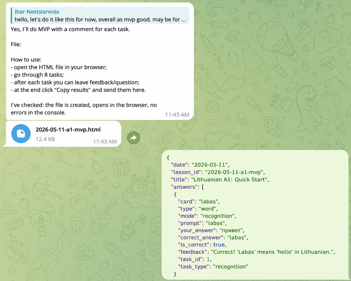 The agent sends an HTML lesson file, the user returns a JSON with answers