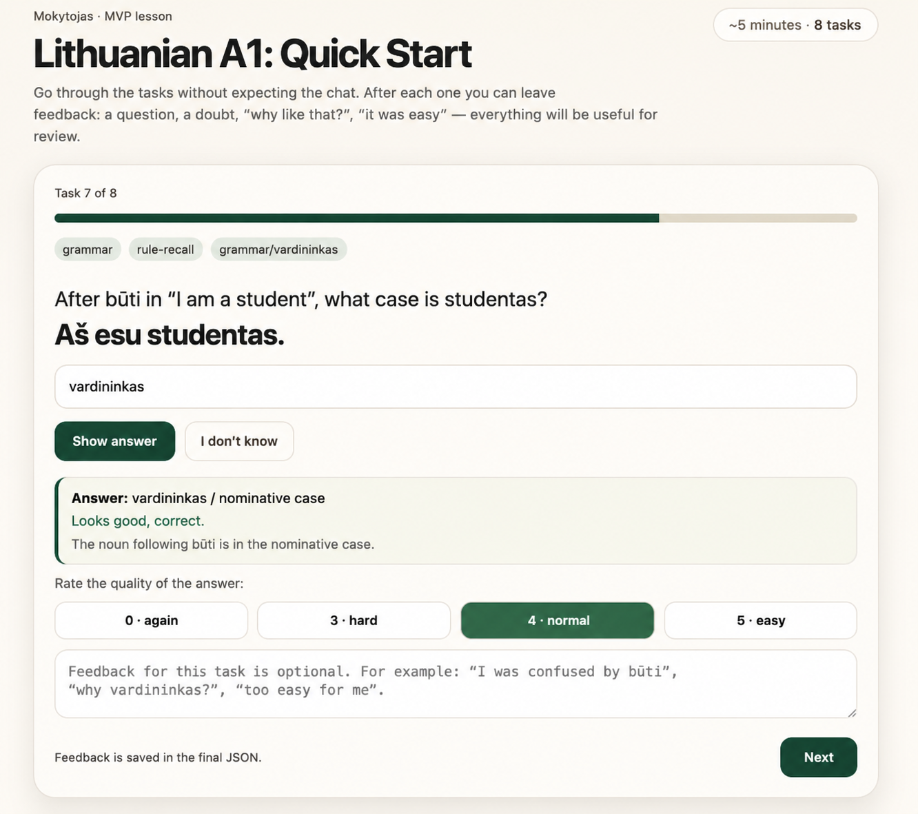 Screenshot of the HTML lesson UI in the browser, with a Lithuanian grammar exercise